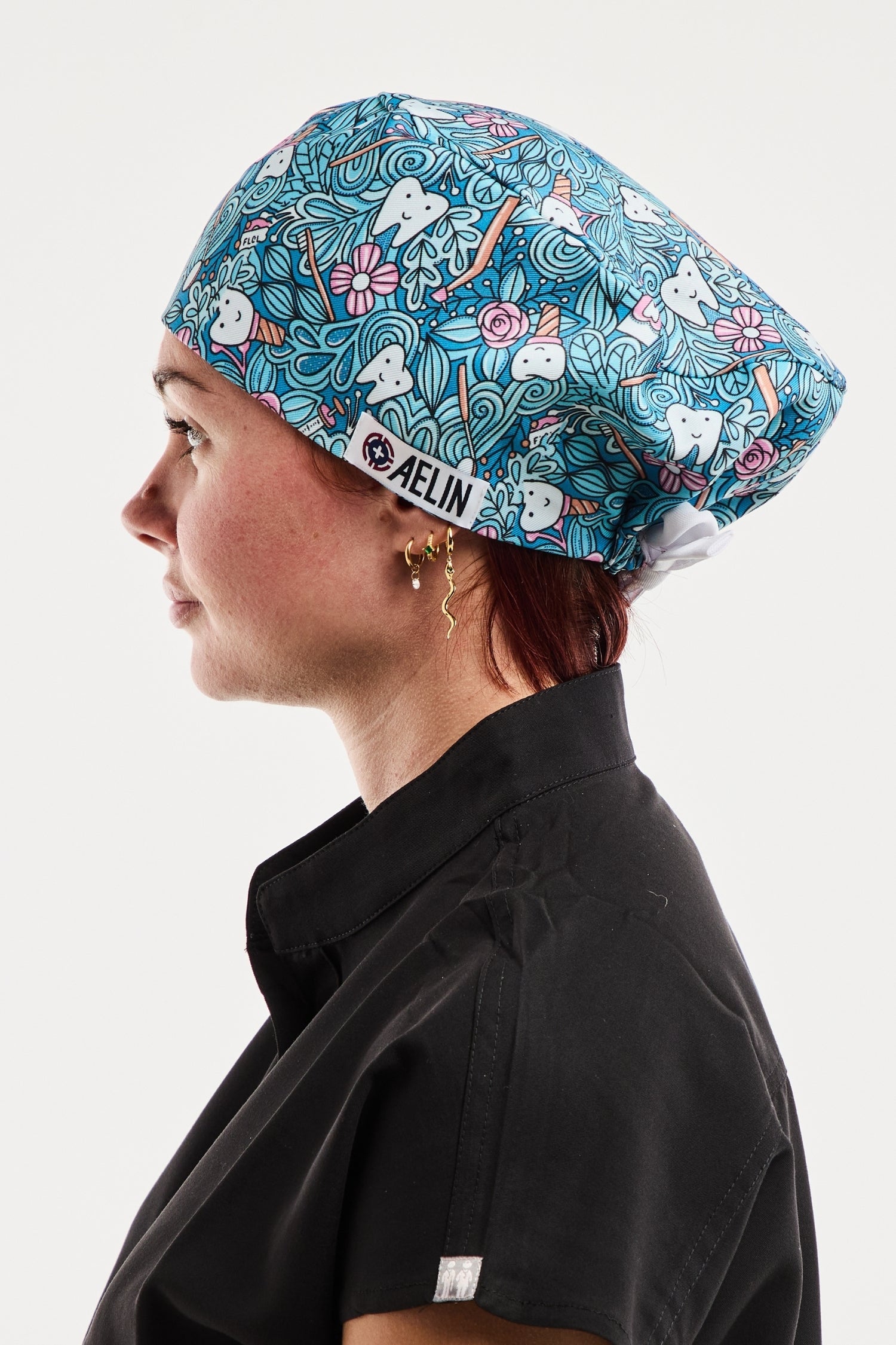 Calot médical Xelin floral bleu avec motif chat, collection Art