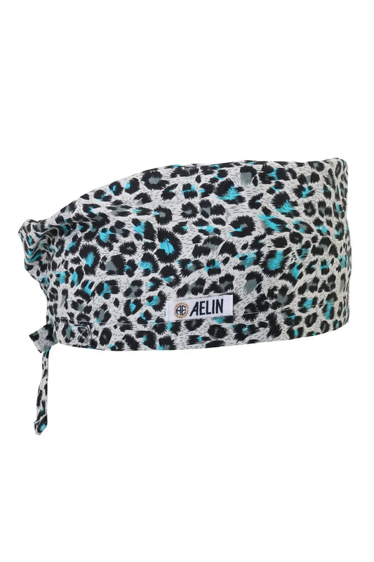 Calot médical couvrant à motif léopard turquoise et noir