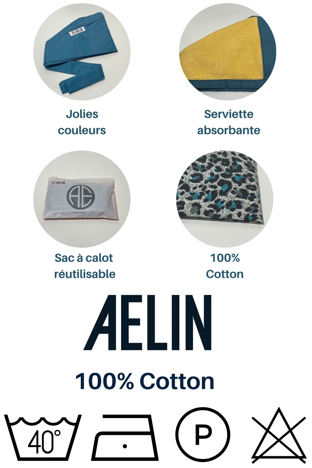 Carte d’informations produit pour le Calot de bloc Aelin en coton avec instructions d’entretien