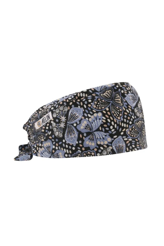 Calot médical Aelin avec motif papillon et floral pour cheveux courts en gris et noir
