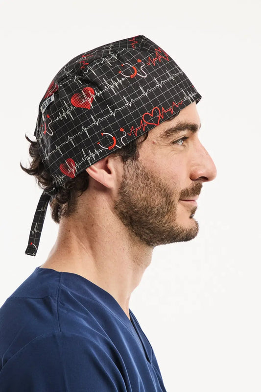 Calot médical Aelin bleu marine avec motif stéthoscope pour cheveux courts