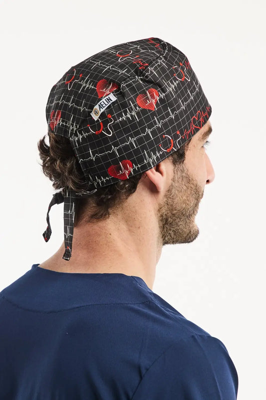 Calot médical Aelin noir avec motif cœur et EKG pour professionnels de santé