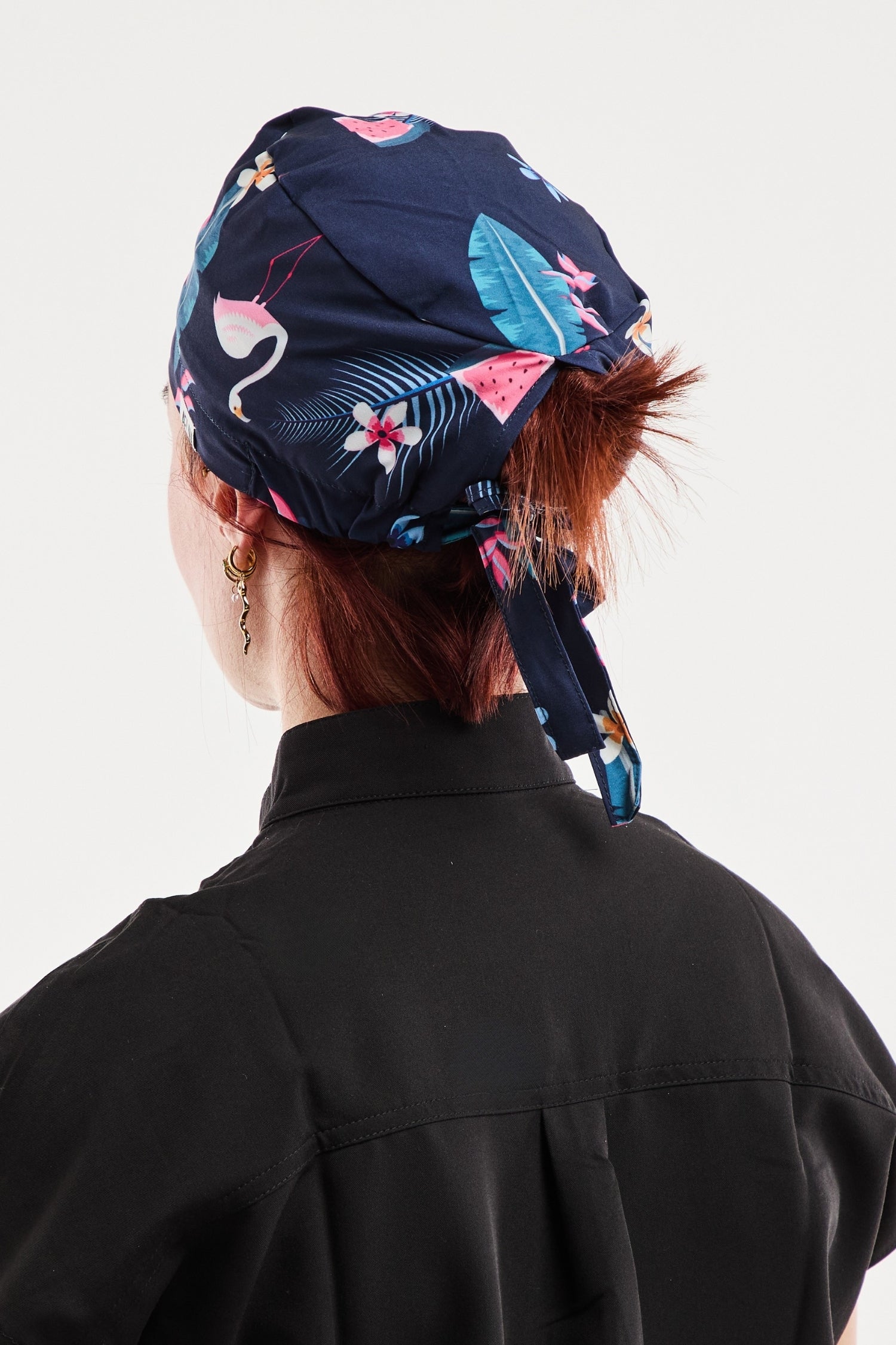 Calot médical imprimé Flamants Roses Marine, motif flamants roses tropicaux