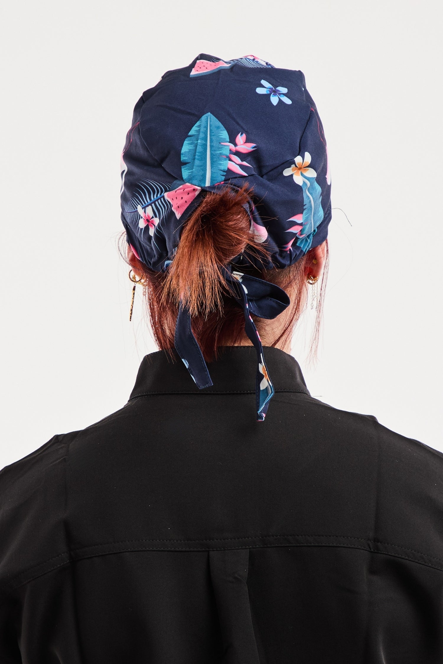 Calot médical imprimé Flamants Roses Marine, bleu marine à motifs floraux roses, turquoise et blancs