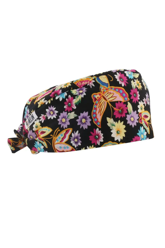 Calot médical aelin avec motif floral et papillon coloré, idéal pour les soins