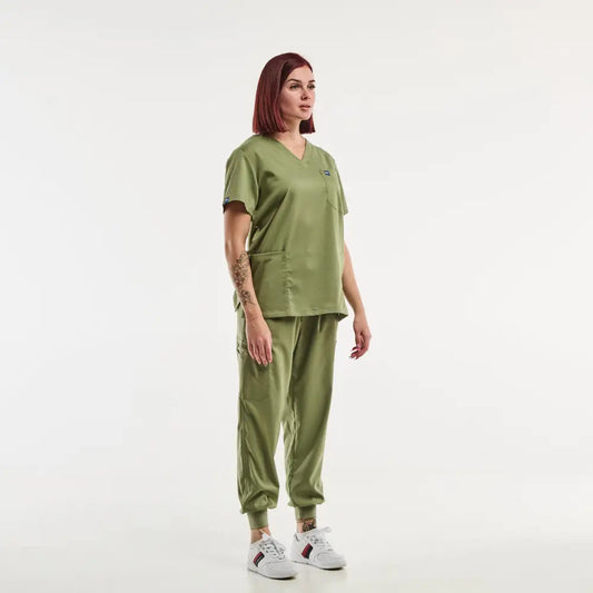 Ensemble de blouse et pantalon médical jogger olive pour femmes EMMA, tunique médicale