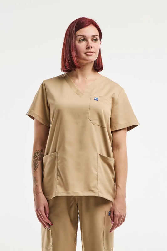 Tunique médicale col EMMA en bleu et tan, idéale pour professionnels de la santé