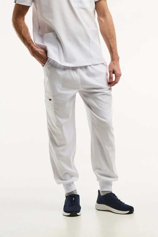 Pantalon médical jogger LUCA blanc pour homme, idéal pour le confort au travail