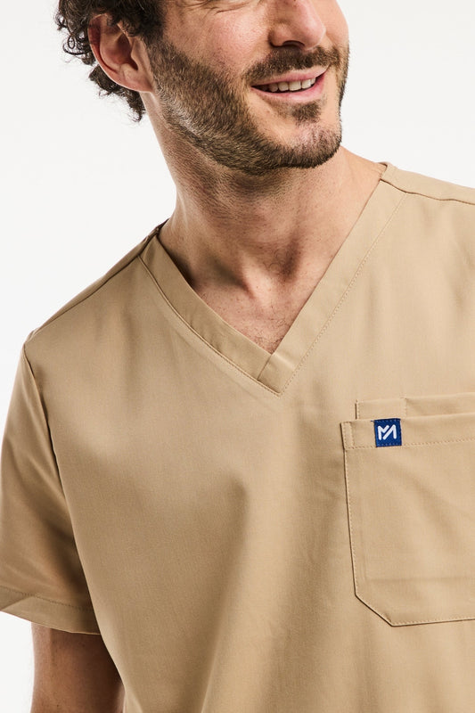 Tunique médicale col V en tan pour hommes, modèle LUCA en bleu