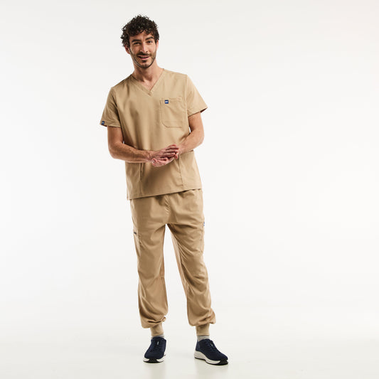 Tan medical scrubs LUCA Jogger ensemble médical complet pour homme en beige clair