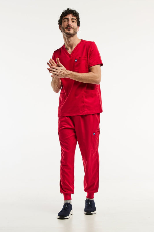 Vêtement médical complet LUCA Jogger en tissu rouge pour homme, ensemble médical