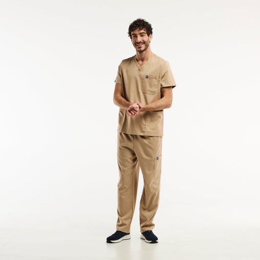 Ensemble médical LUCA en tan, répondant aux exigences avec tunique col pour homme