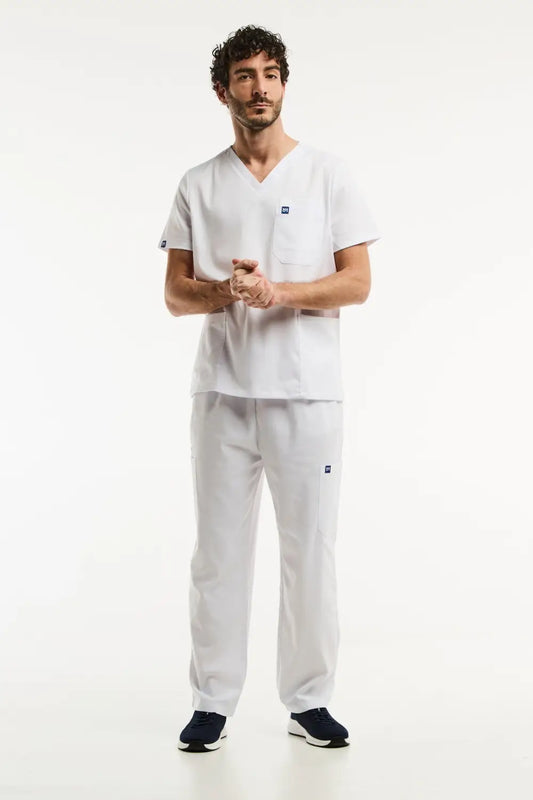 Ensemble médical LUCA pour homme en blanc avec pantalon classique et tunique col