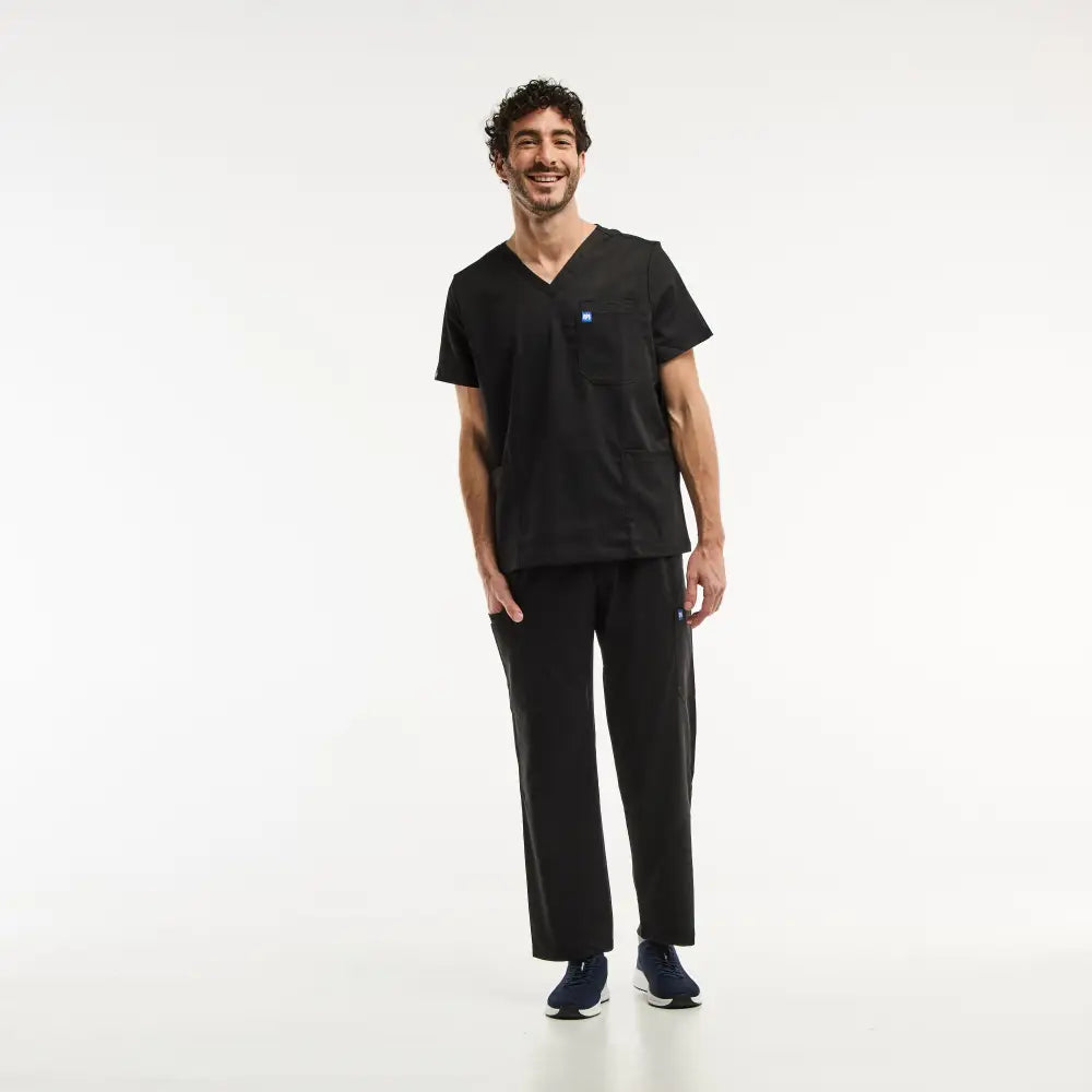 Ensemble médical LUCA en noir pour homme, tunique col répondant aux exigences professionnelles