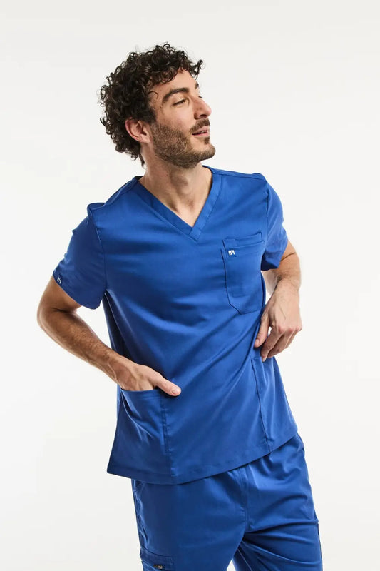 Tunique médicale col homme en bleu roi, idéale pour un confort professionnel