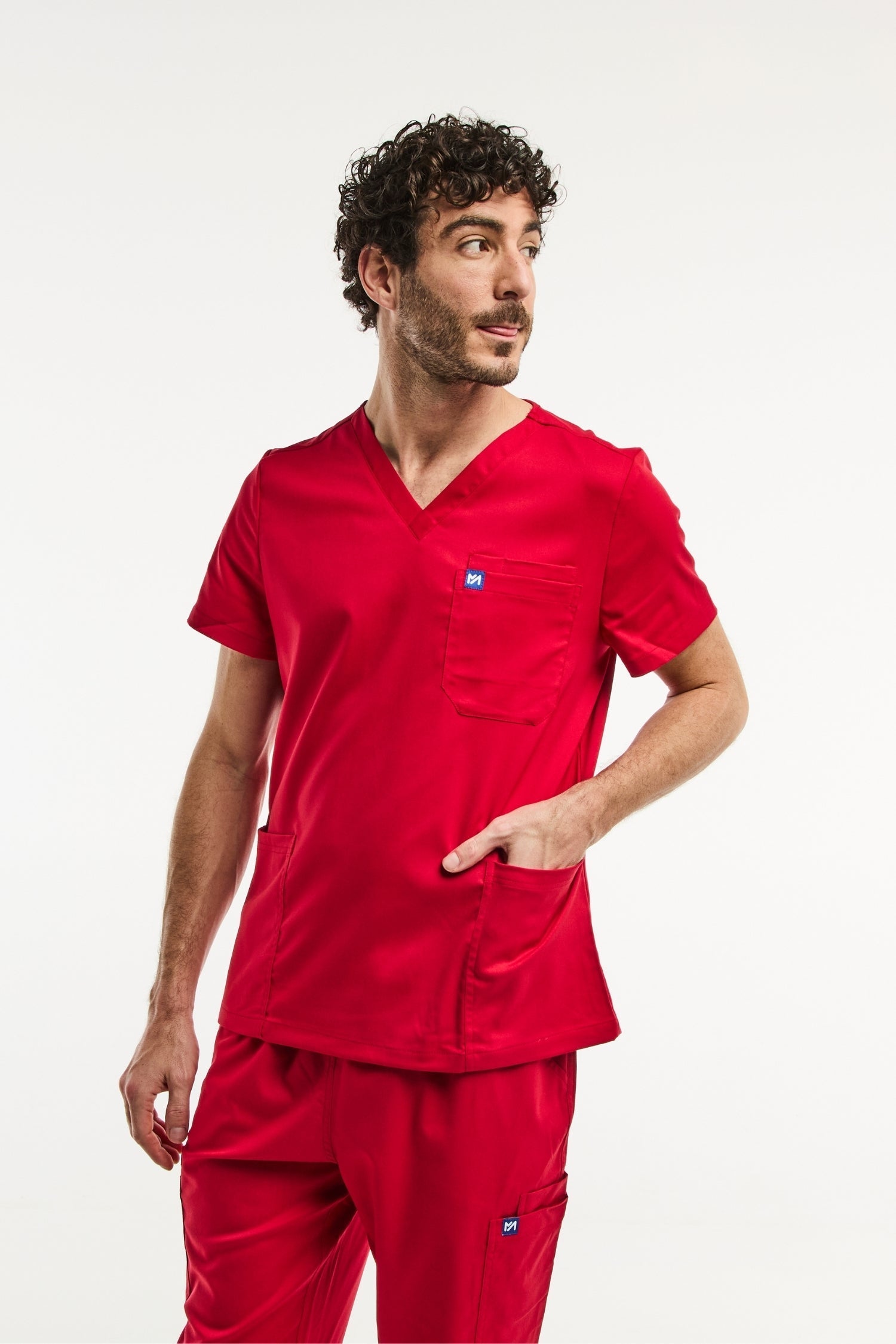 Tunique médicale col V rouge LUCA pour homme avec poche