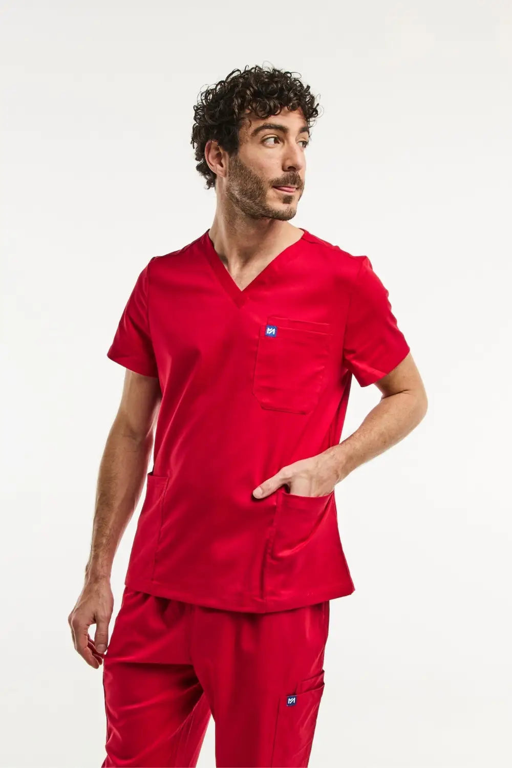 Tunique médicale col V rouge LUCA pour homme avec poche