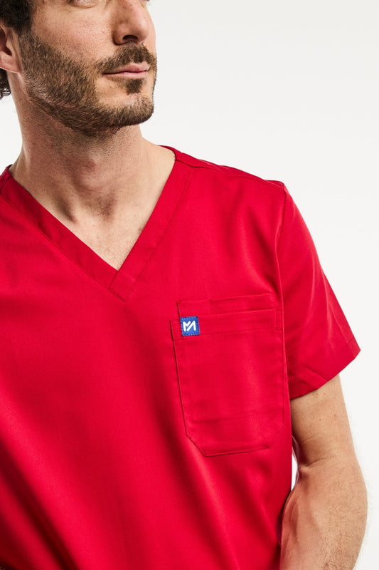 Tunique médicale col V rouge LUCA avec poche et logo bleu