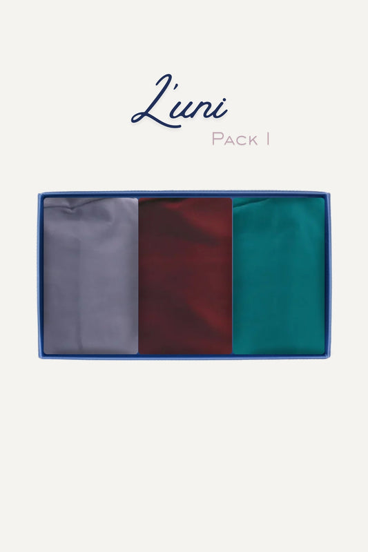 Pack découverte L’uni I : 3 calots de bloc en soie gris bordeaux turquoise