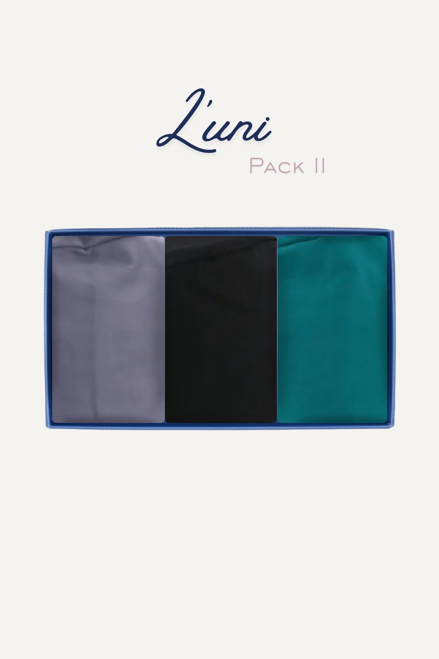 Pack découverte L’uni II : 3 calots pliés gris, noir, teal soyeux