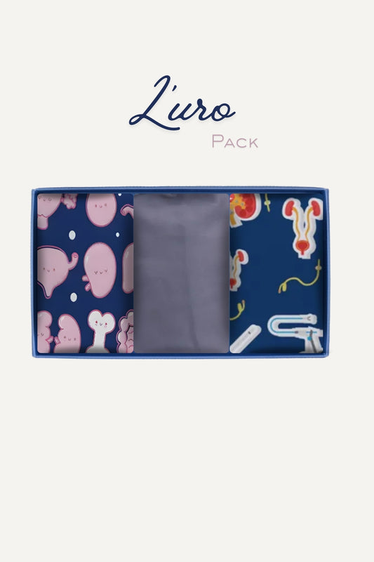 Pack Découverte L’urologue : boîte bleu marine avec reins cartoon roses et schémas anatomiques