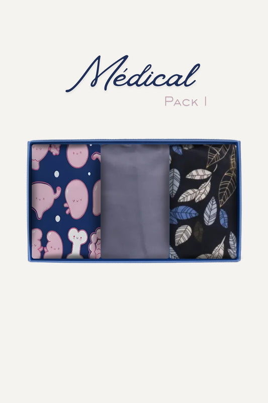 Pack Découverte Médical I : 3 tissus à motifs navy, gris, noir feuilles
