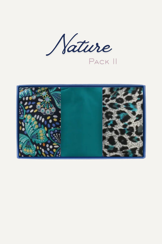 Pack découverte Aelin : 3 écharpes motifs papillons, uni turquoise, léopard