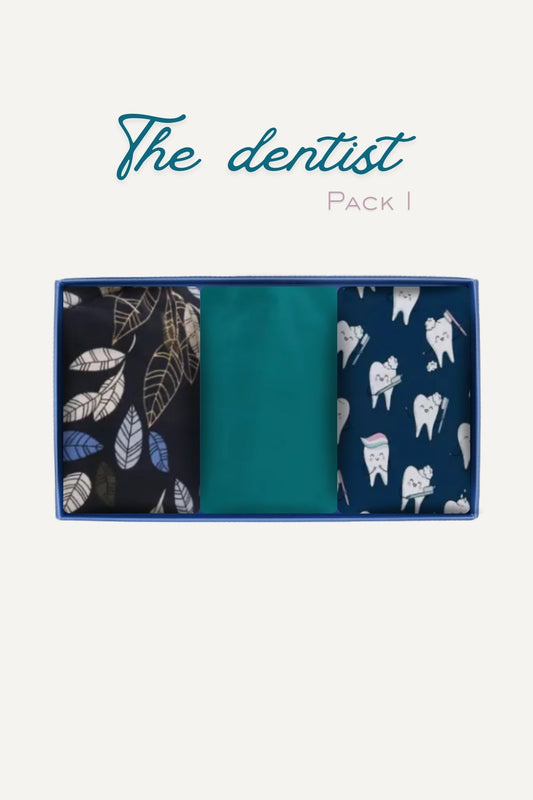 Pack Découverte The Dentist : 3 mouchoirs dentiste motifs feuille, teal, dents cartoon