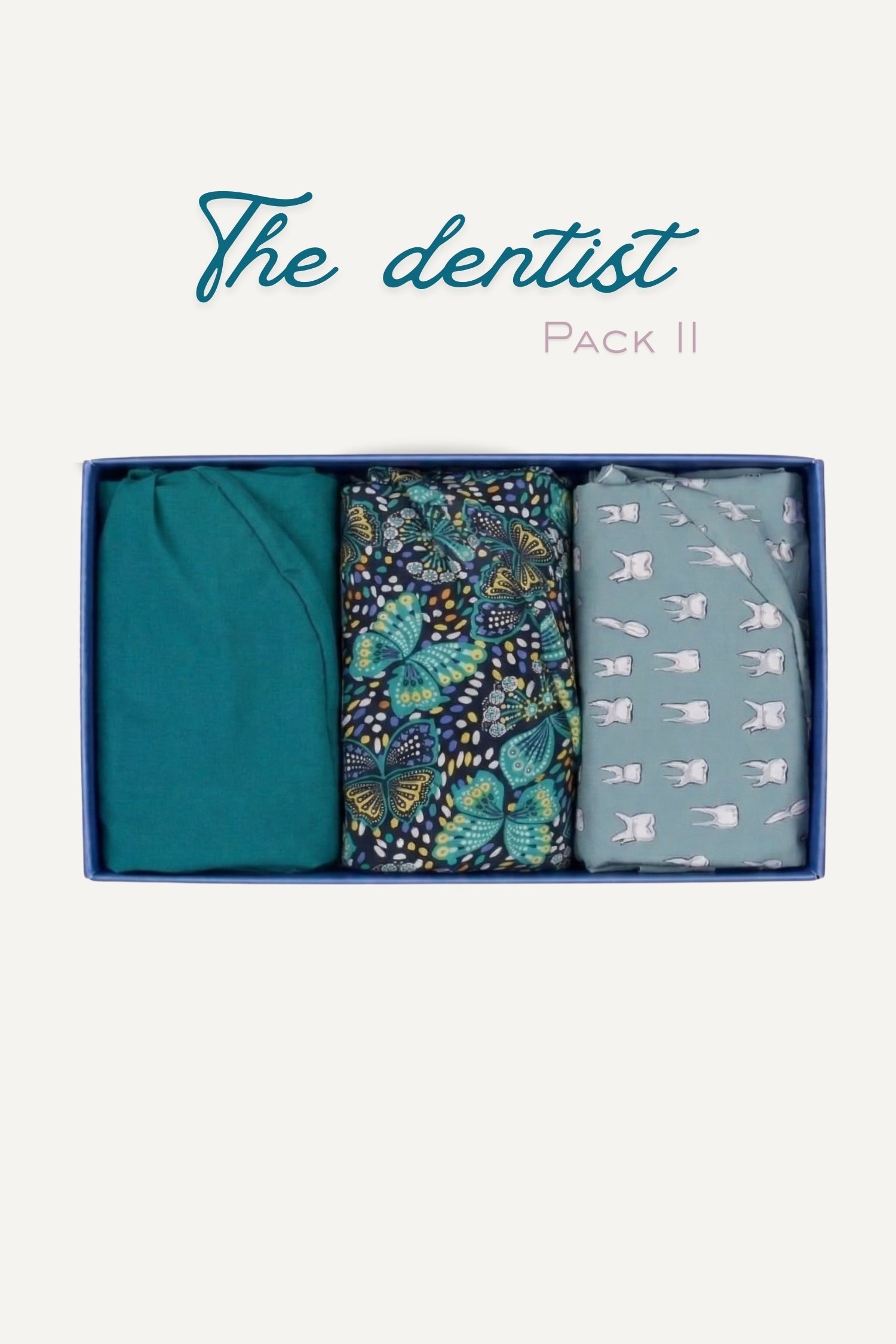 Pack Découverte The Dentist II : 3 tailles courtes pliées (teal uni, motif papillons feuilles, bleu dents)