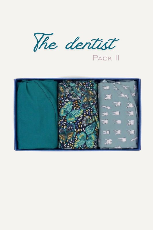 Pack Découverte The Dentist II : 3 tailles courtes pliées (teal uni, motif papillons feuilles, bleu dents)