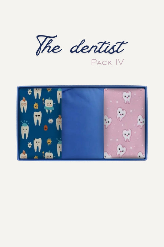Pack Découverte The Dentist IV : motifs dents cartoon bleu marine et rose souriant