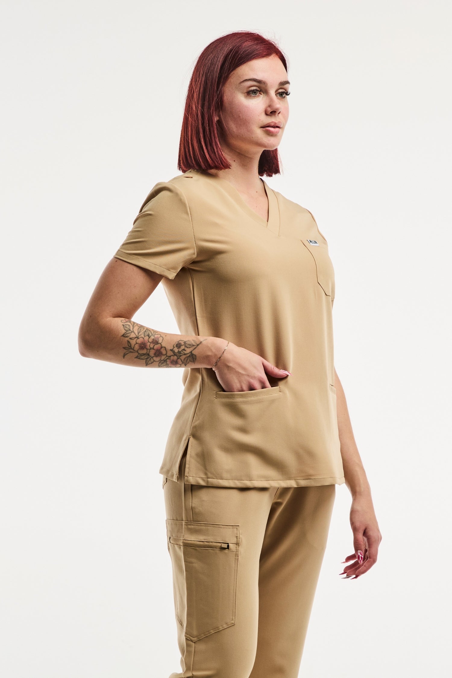 Tunique médicale beige pour femme, ensemble de scrubs en stretch 4 voies