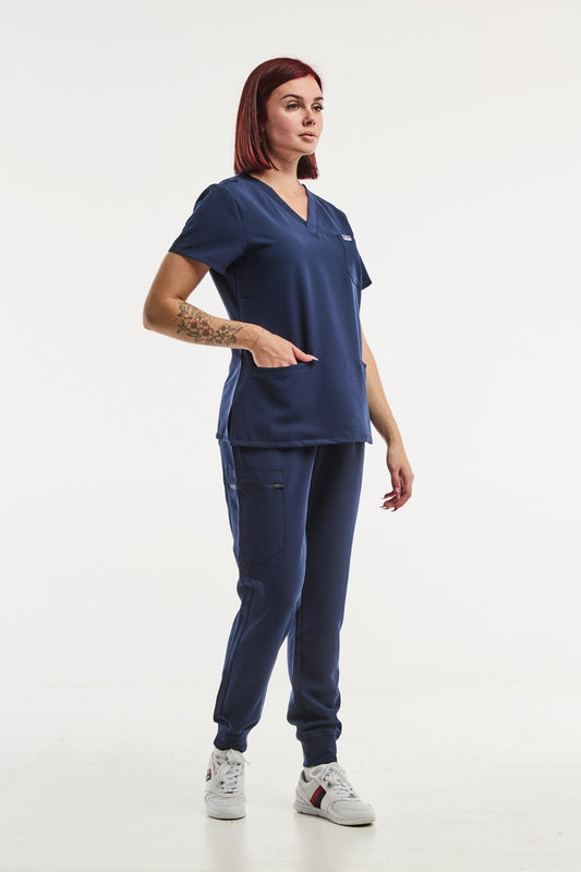 Uniforme médical femme Paris en poly rayon bleu marine - Tenue Médicale Stretch