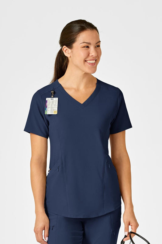 Femme en tunique médicale bleu marine, tenues médicales, scrubs polyester spandex