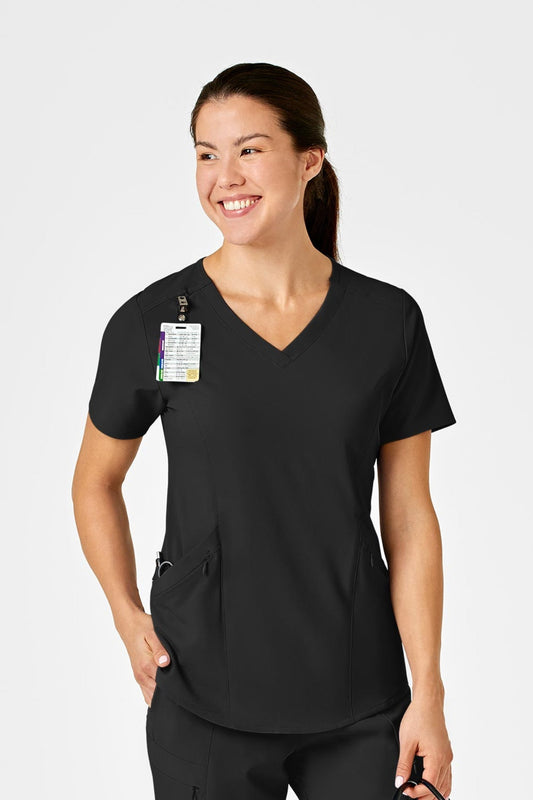 Femme en tunique médicale noire ’Renew’ en polyester spandex, idée de tenues médicales