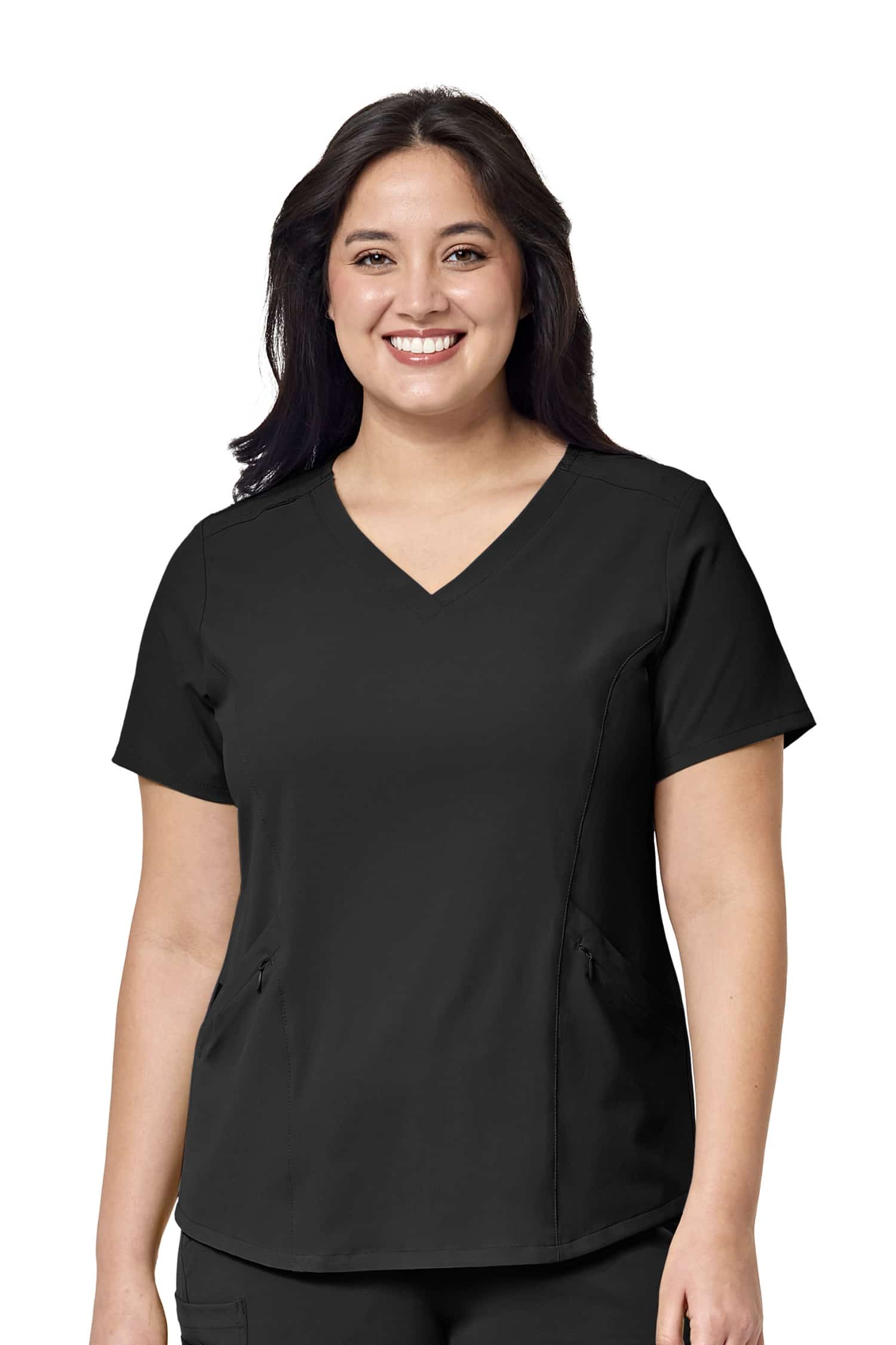 Femme en tunique médicale noire Renew en polyester spandex, idéale pour tenues médicales