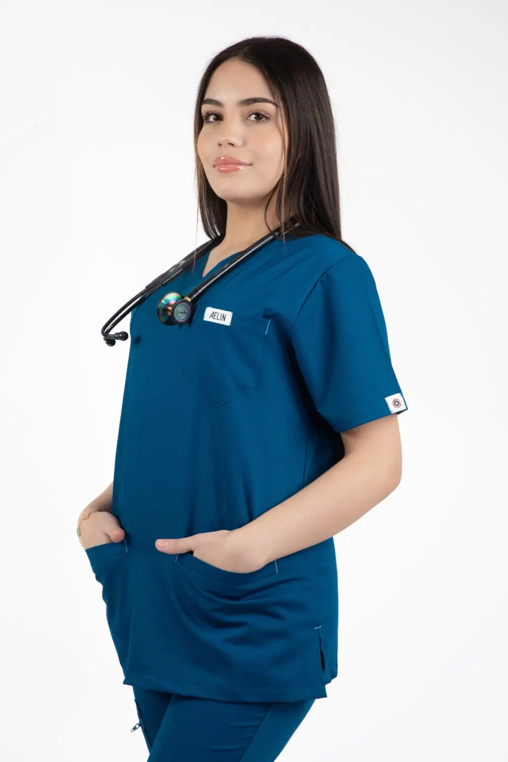 Femme en tunique médicale Slimfit NEW bleu turquoise, tenues médicales modernes