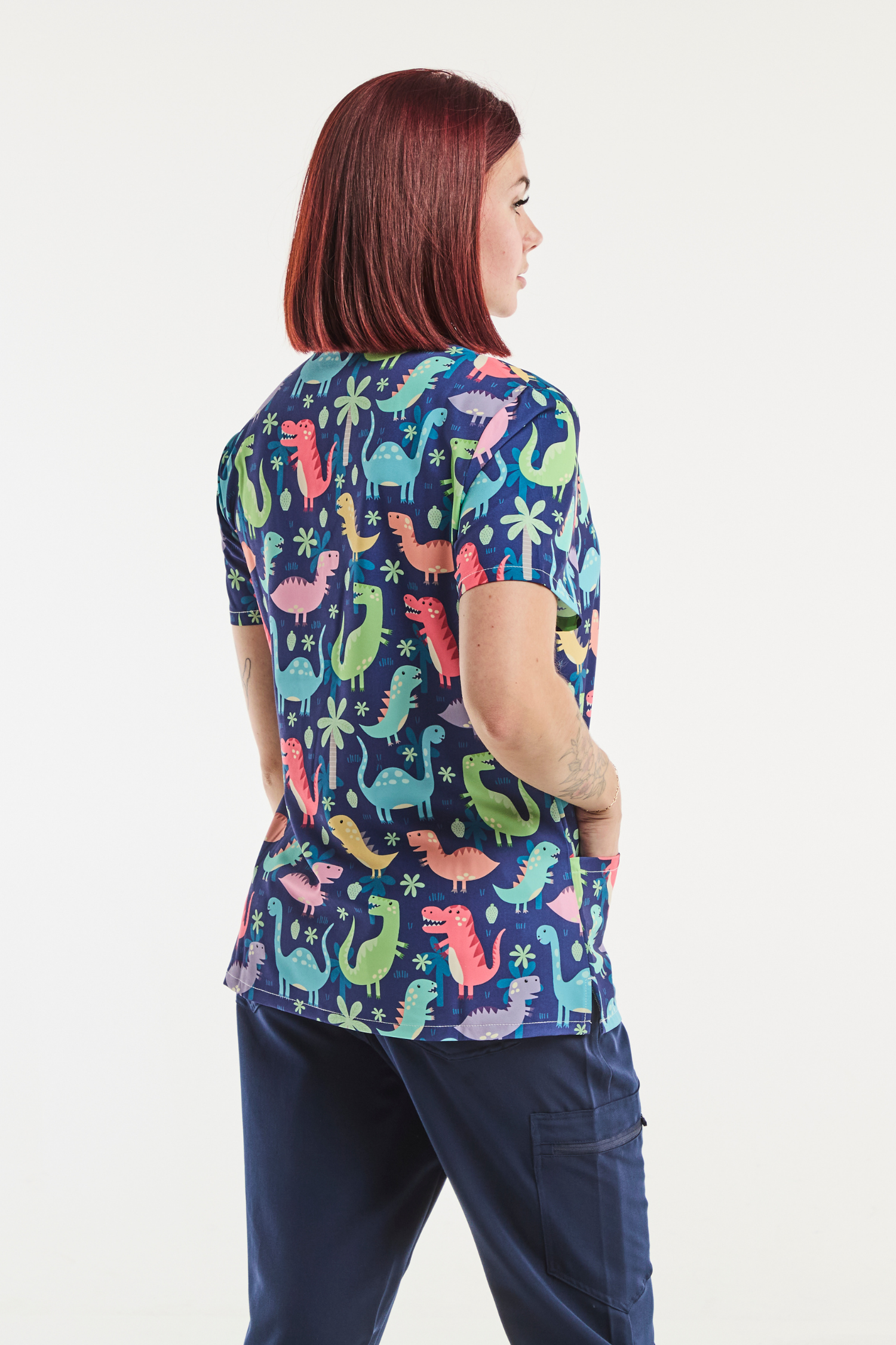 Tunique Médicale Stretch 4 Voies Femme Dino Pop avec motif dinosaure, tuniques médicales imprimées