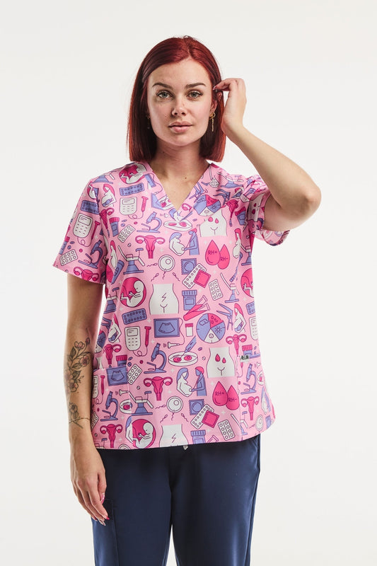 Tunique Médicale Stretch 4 Voies Femme Rose avec motifs gynécologue médicales imprimées