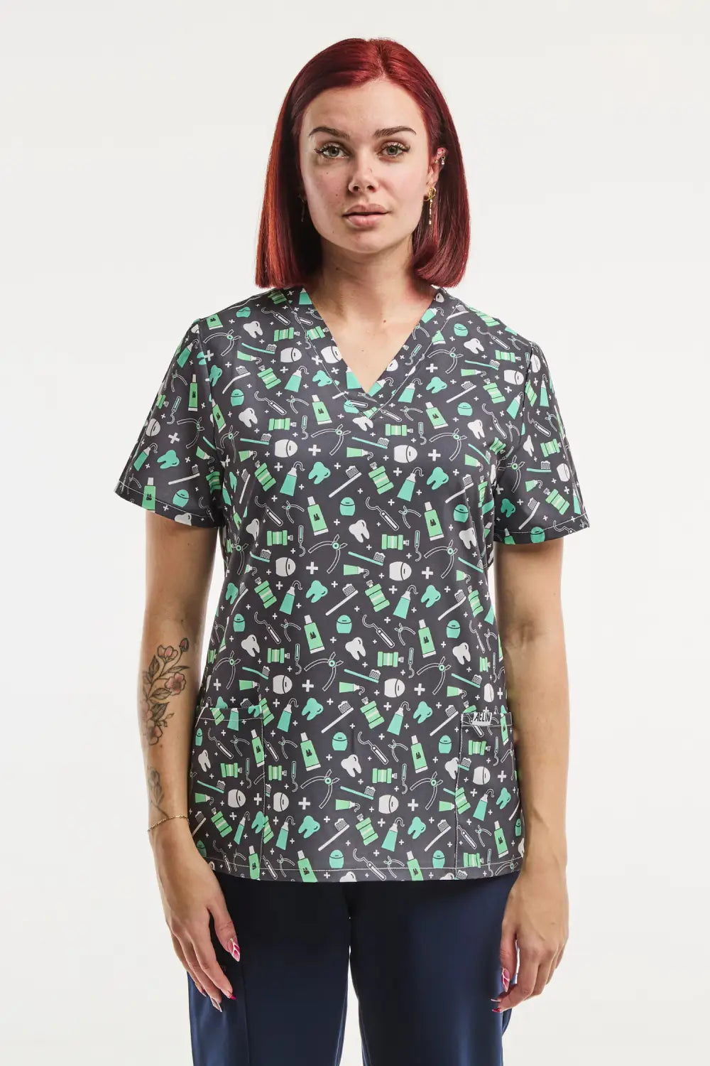 Tunique Médicale Stretch 4 Voies Femme Soin de Sourire avec motifs dentaires imprimés