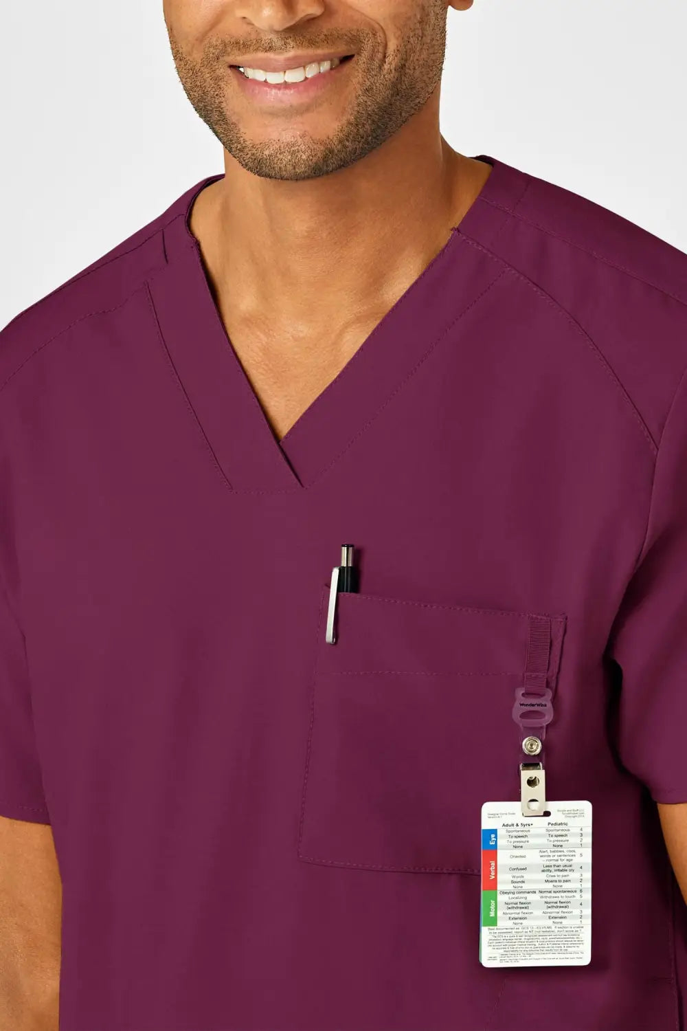 Tunique médicale W123 bordeaux homme avec col en V et poche poitrine
